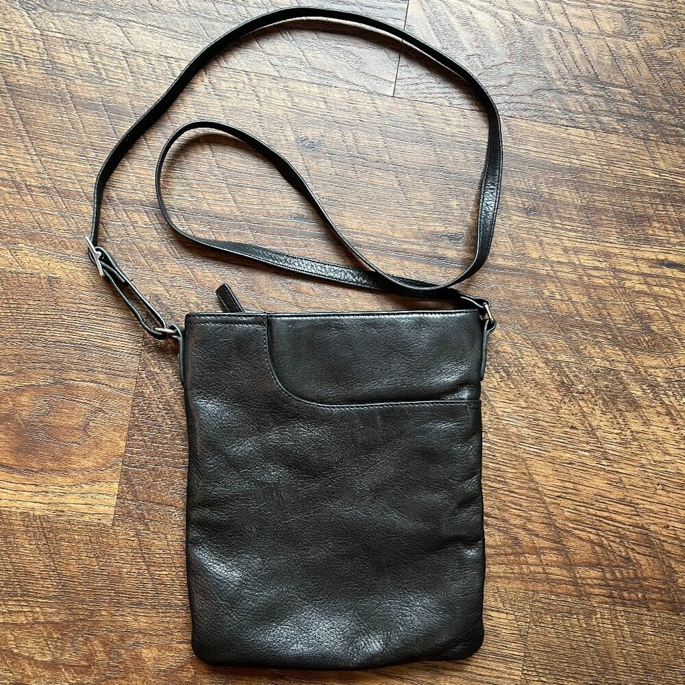 MARGOT Black Genuine Pebbled Leather Crossbody Shoulder Bag